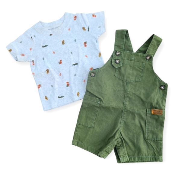 Carter's 2 Pieces Tee-Shorts Overalls Adjustable Straps Baby Boys Size 12 Months - Picture 1 of 15